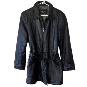 Women's Black Leather Jacket with Waist Strap and Zipper, Adler, Size S
